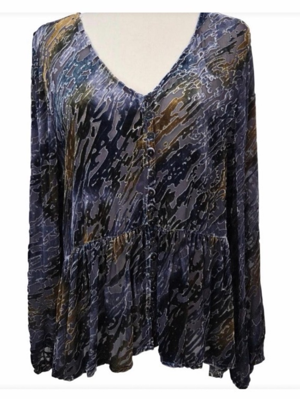 Sundance Burnout Velvet Rayon Silk Blouse Bohemian Blue Mix Women’s L